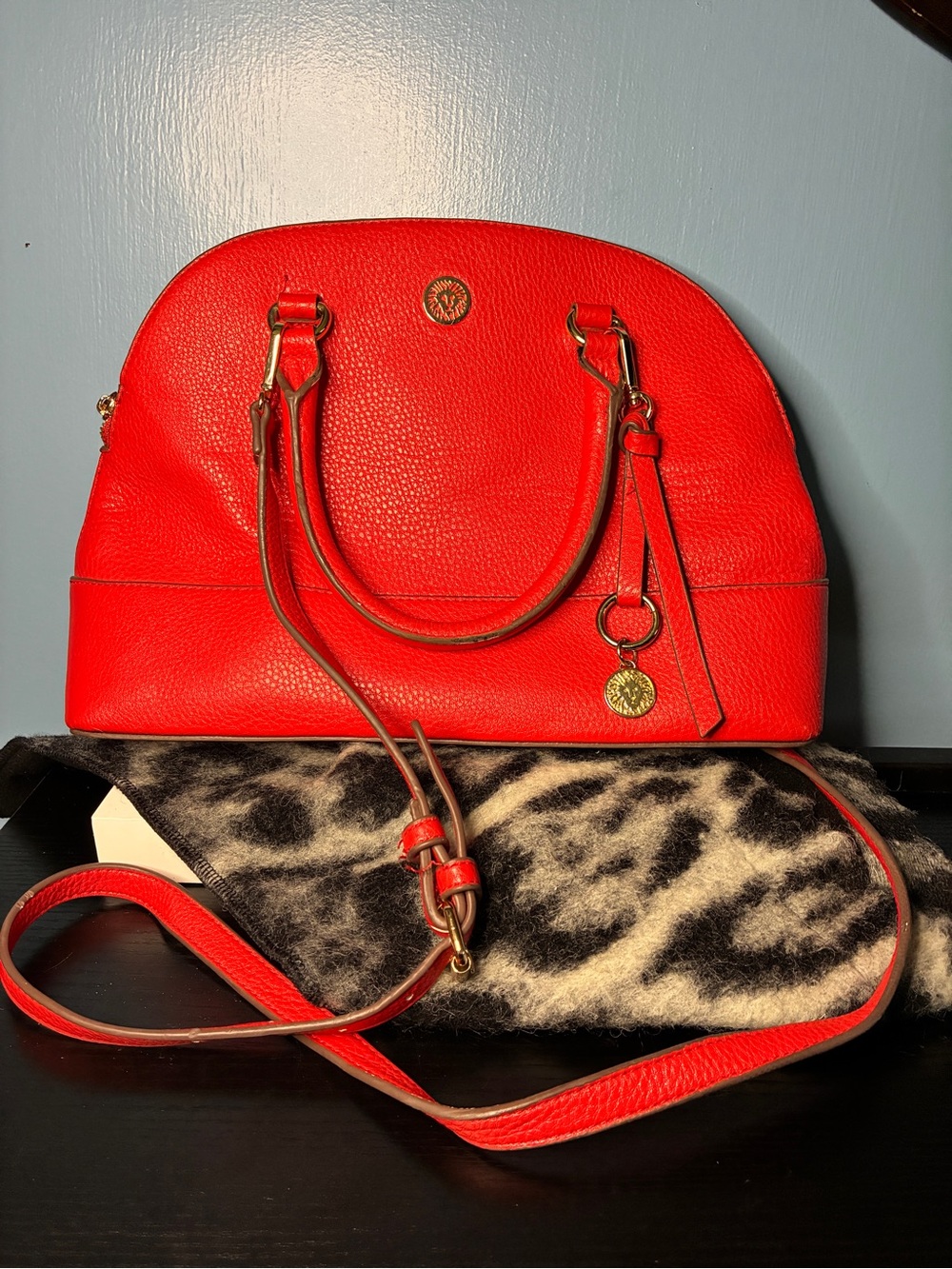 Anne Klein Red Peppled Dome Satchel with Gold Accents